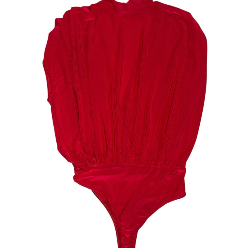 21 Saints Elegant Red Bodysuit Backless Wrap Hugh Neckline Sleeveless Draped Top
